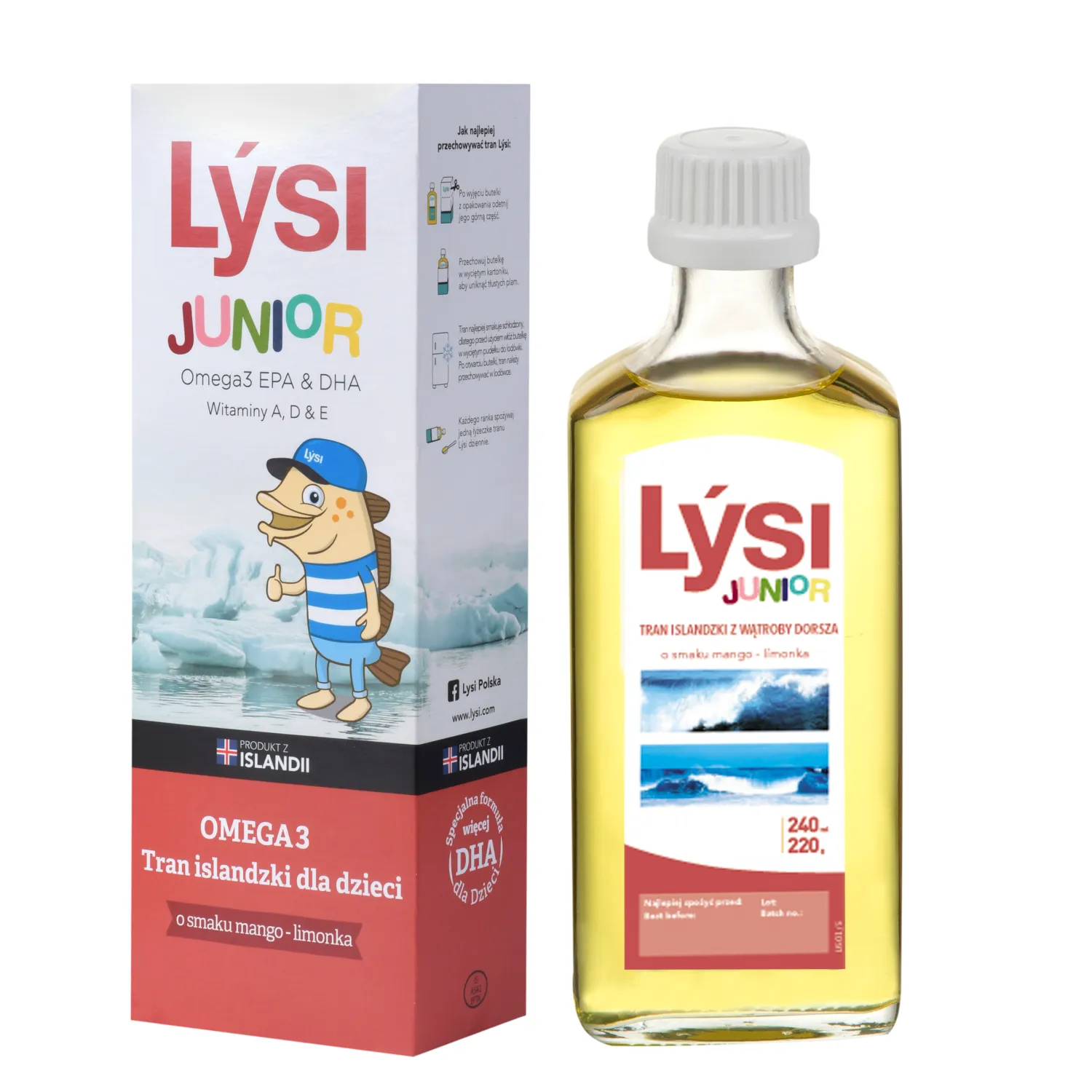 Lysi Junior Omega 3 Tran Islandzki dla dzieci, smak mango-limonka, 240 ml