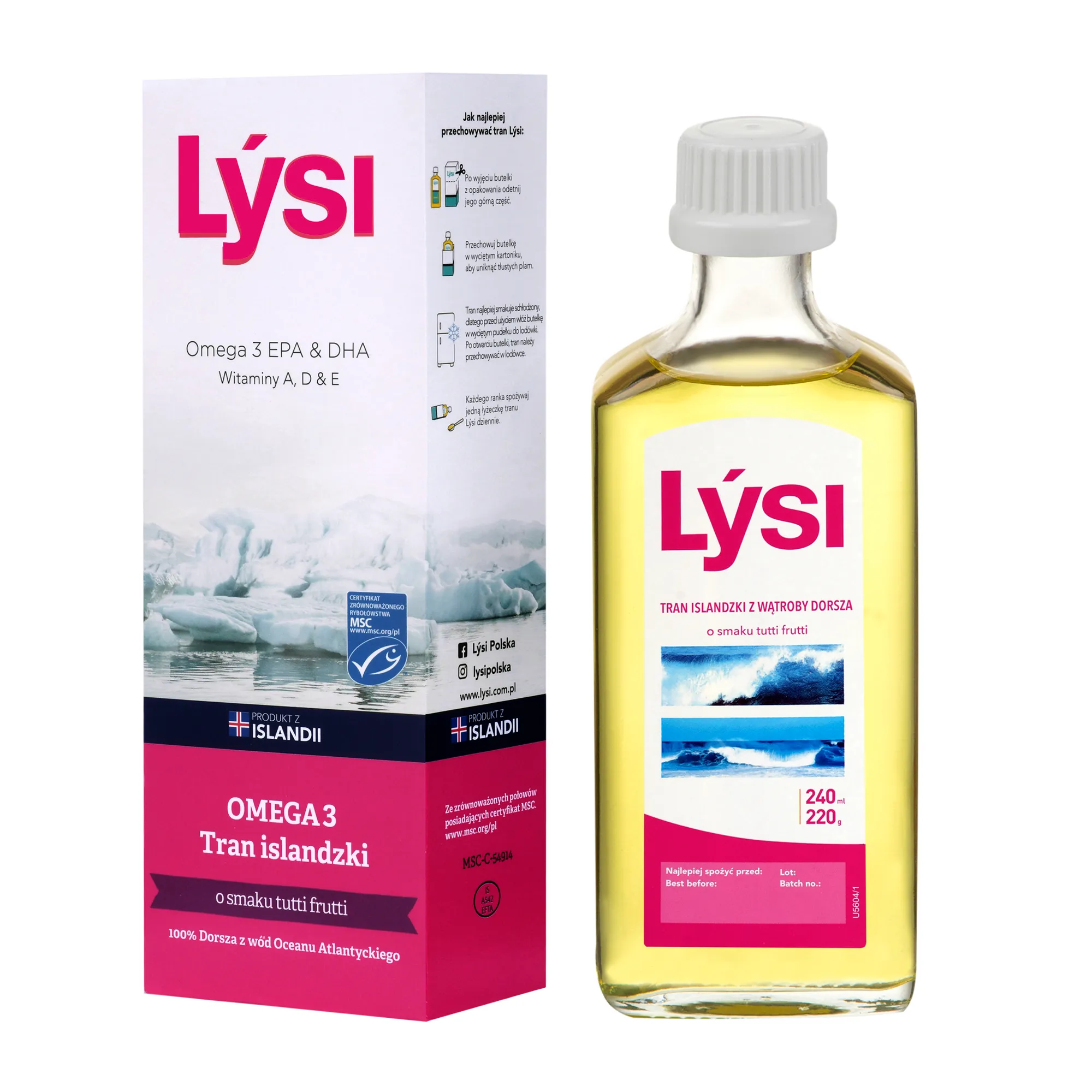 Lysi Omega 3 Tran Islandzki, smak tutti-frutti, 240 ml