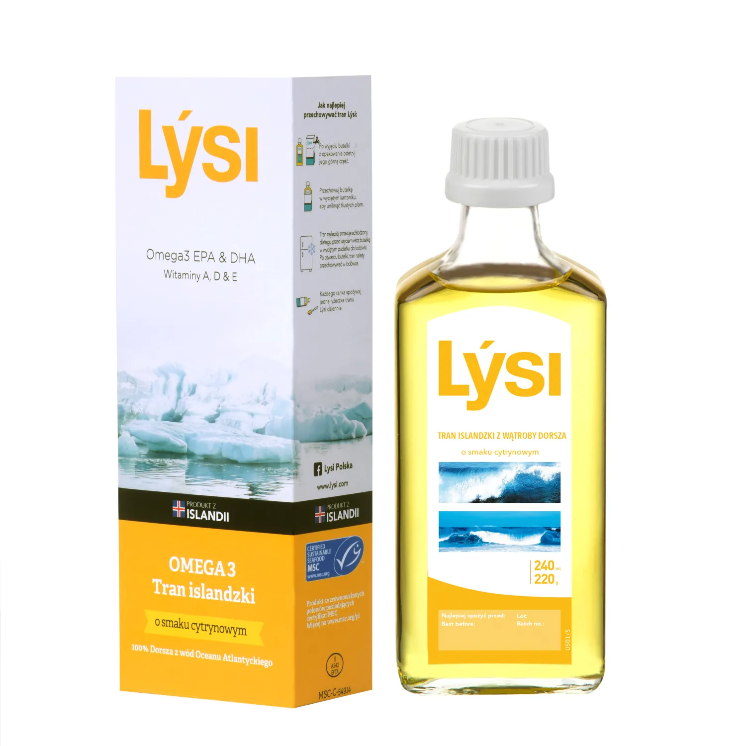 Lysi Tran Islandzki, smak cytrynowy, 240 ml